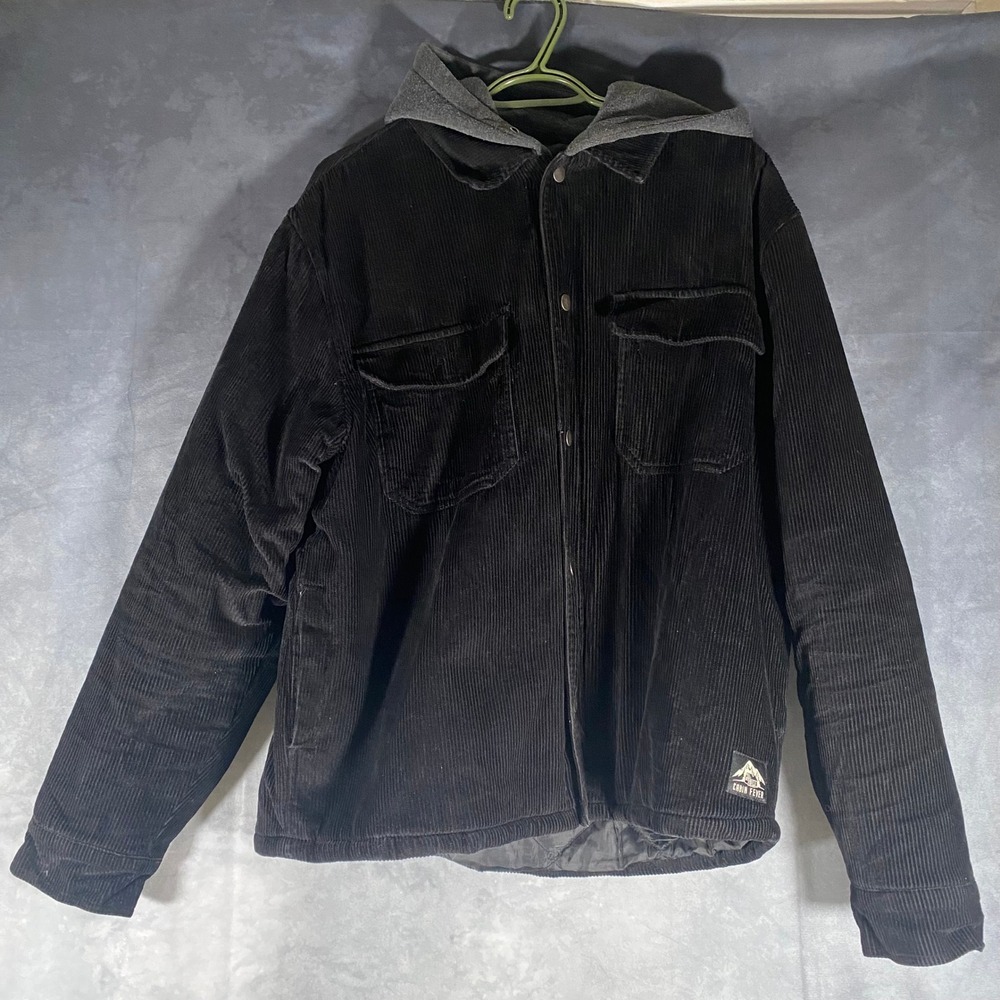 Cabin Fever Mens Black Corduroy Hooded Shirt Jacket Quilted Lining 861-7071 M